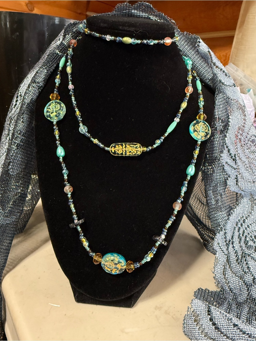 Handcrafted Turquoise and Gold Glass Bead Necklace